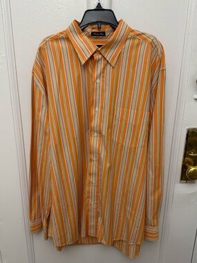 Bass Vibrant Orange Striped Men's Shirt 100% Cotton Size Large